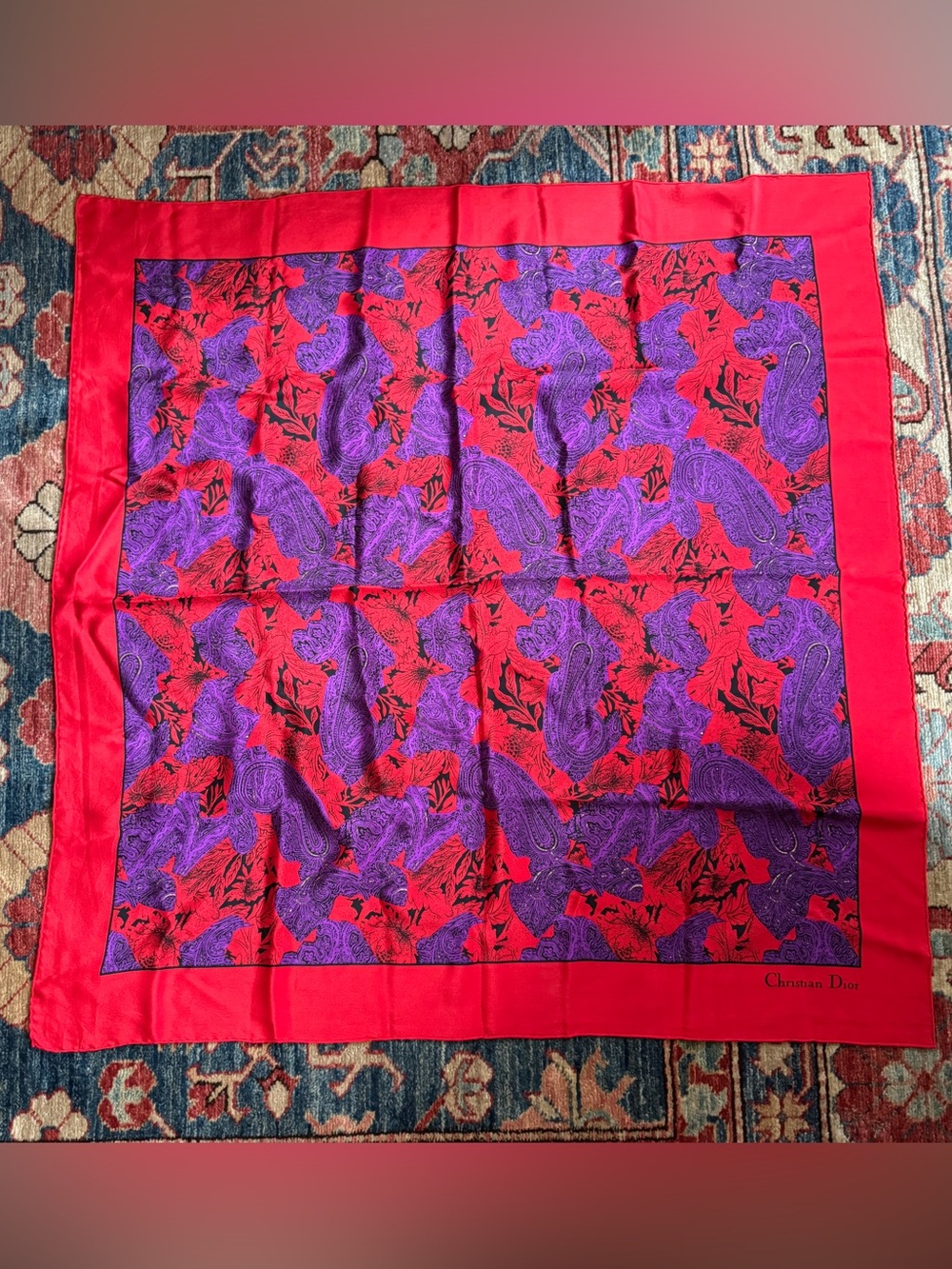 Vintage Dior Red and Purple Paisley Floral Silk Scarf